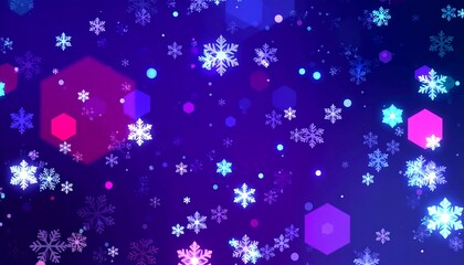 A vibrant display of snowflakes and glowing hexagons against a deep indigo background.