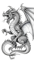 Detailed black and white illustration of a dragon standing on its hind legs, wings spread, roaring with visible teeth and scales.