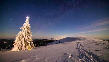 Snowy Christmas tree on a mountaintop under a starry night sky