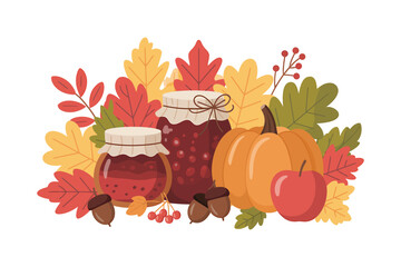 Autumn harvest jars and pumpkins surrounded by colorful fall leaves and berries vector