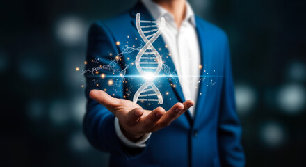 businessman in a blue suit holds a glowing double helix dna strand in his palm, symbolizing scientific innovation, genetic research, and the future of biotechnology and medicine with bokeh background