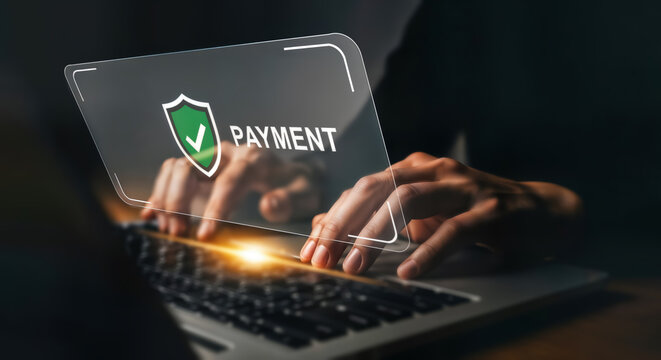 Secure online payment transaction with digital protection and cybersecurity on a laptop, emphasizing financial safety and data integrity