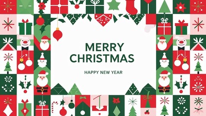 Christmas Card with Icon Border of Santa, Gifts, Trees, Ornaments, and Snowflakes on White Center - AI-Generated.