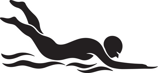Professional silhouette style vector minimal swimming logo design, simple aquatic sport icon illustration, modern black swimmer emblem for fitness, pool, water sports, athletic branding, and creative 