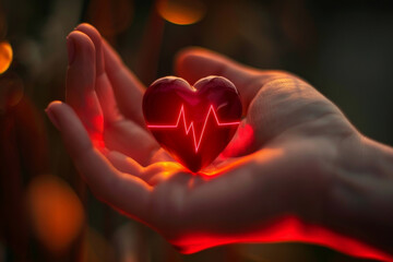 Open hand holding a floating red heart with an ECG line.