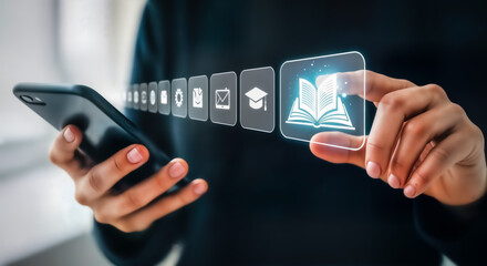 Person using a smartphone to access online education resources, with digital icons representing learning and knowledge displayed on a futuristic interface