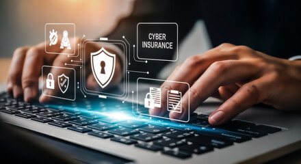 Cyber insurance concept with digital icons representing security, data protection, and online safety, as a person types on a laptop keyboard, highlighting digital risk management and technology