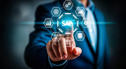 Businessman touching a digital interface with sap logo and icons representing various business functions like finance, hr, supply chain, analytics, symbolizing integrated enterprise resource planning