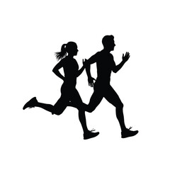 Silhouette of a couple running together isolated on white background for sport, fitness, and healthy lifestyle concept