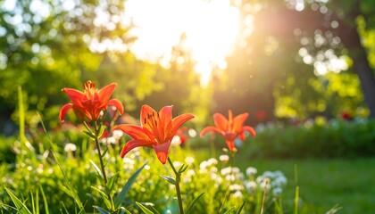 Vibrant orange lilies bathed in sunlight