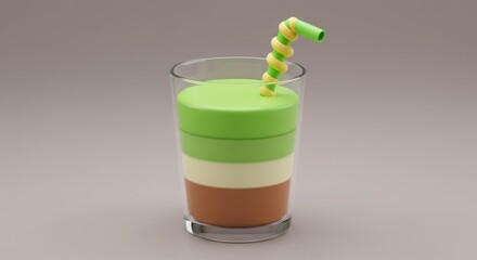 3D Layered smoothie drink with straw in a glass