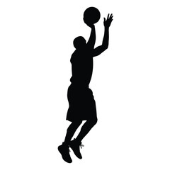 Silhouette of a basketball player jumping to shoot the ball isolated on white background, showcasing athleticism and dynamic movement