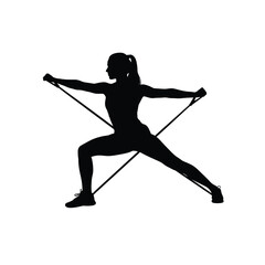 Silhouette of a woman exercising with resistance band isolated on white background for fitness, sport, and healthy lifestyle