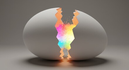Cracked egg with colorful light shining through on gray background
