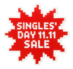 Obraz premium Red burst sticker with SINGLES' DAY 11.11 SALE text in pixelated style, vibrant retail discount offer on transparent background.