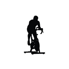 Naklejka premium Silhouette of a man cycling on a stationary bike isolated on white background for fitness, cardio, and indoor exercise