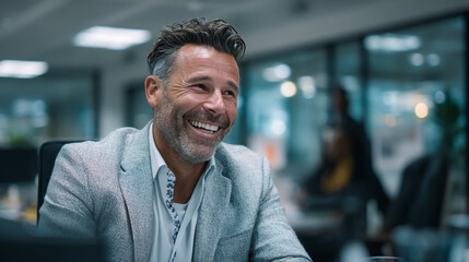 Fototapeta premium A smiling man in a blazer sitting in an office with blurred background and people working there