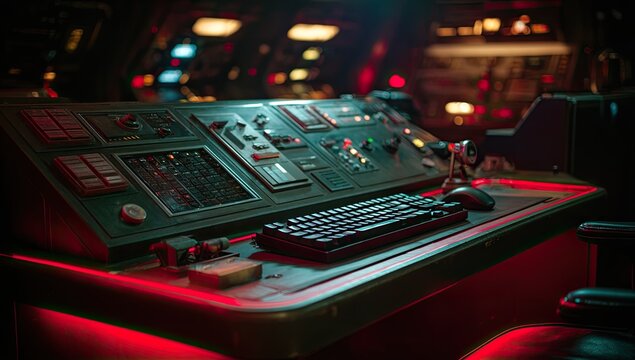 Futuristic control panel in a dimly lit room - Powered by Adobe