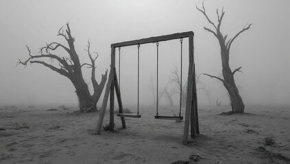 Empty swing set in a desolate, foggy desert