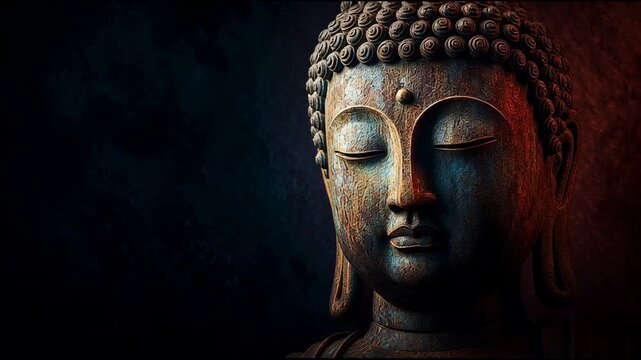 Buddha statue in a dark background, with detailed texture of stone in beautiful colors, soft lighting, and a mystical atmosphere.