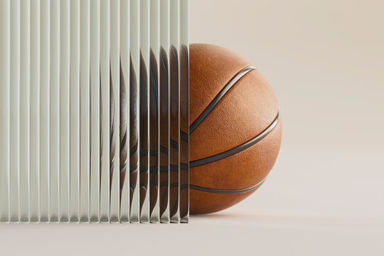 3D basketball partially hidden behind fluted glass