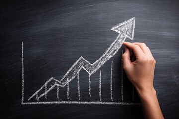 Chalkboard sketch of a growing line graph with hand drawing an upward trend in a classroom or office setting