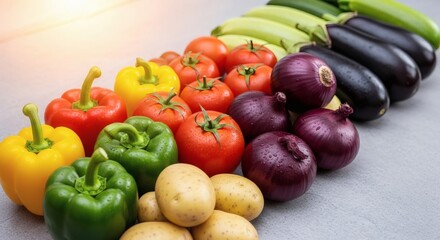 Assortment of fresh colorful vegetables arranged in a rainbow pattern