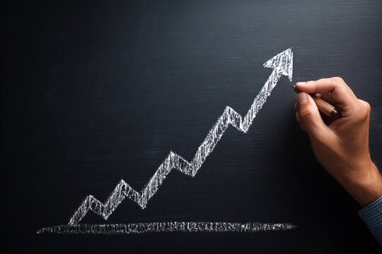Hand drawing a rising graph on a blackboard representing growth in business and performance statistics during a classroom session at an educational institution