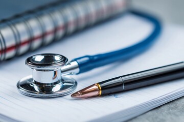 Medical tools and supplies placed on a notebook illustrate healthcare documentation in a clinical environment