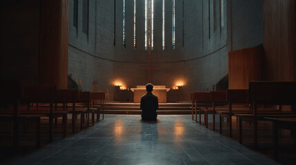 Person praying alone in a large church with light shining through stained glass windows