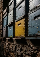 Rows of colorful wooden beehives stacked on a stone shelf in a dark environment