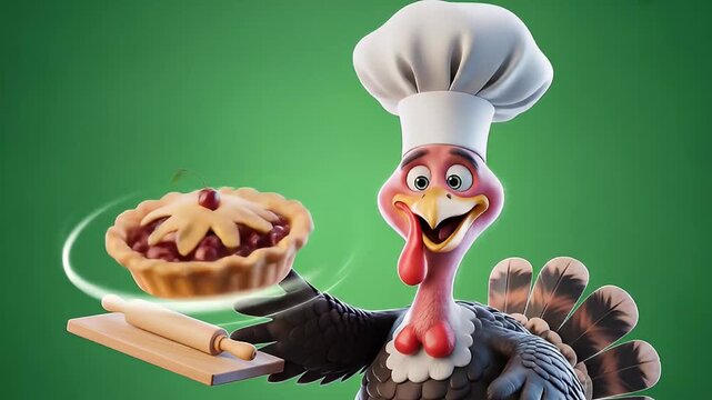 funny chef turkey with delicious thanksgiving holiday pie