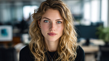 Portrait of a woman with blonde curly hair and blue eyes in an office setting looking at the camera
