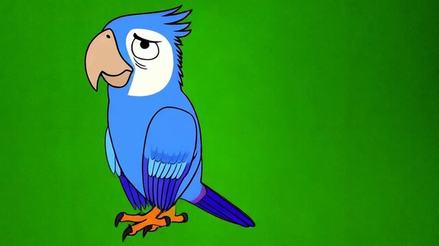 A blue parrot sitting on top of green background green screen animated chromakey background creative cartoonish depth expression colorful illustration composition frame emotion design