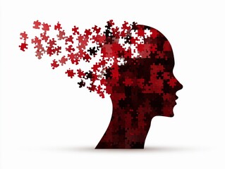 Abstract representation of a head made of red puzzle pieces, symbolizing complex thoughts and emotions in a creative artwork