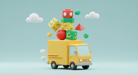 Delivery truck carrying toys on blue background