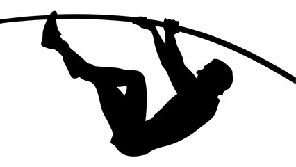 Silhouette of a pole vaulter hanging from the pole in mid air during a vaulting competition event