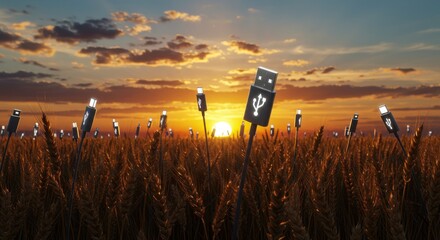 Field of USB connectors at sunset