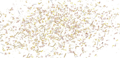 High-resolution image of gold and beige confetti falling on a white background. Perfect for celebrations, events, and festive designs.