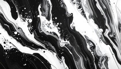 Intricate abstract design showcasing flowing black, white, and gray paint streaks and scattered specks.