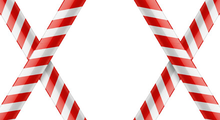 Obraz premium Red and White Barricade: A close-up view of several red and white striped barricade tapes arranged in a symmetrical cross pattern.