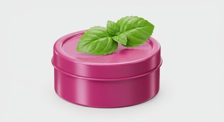 Pink jar with basil leaves on white background