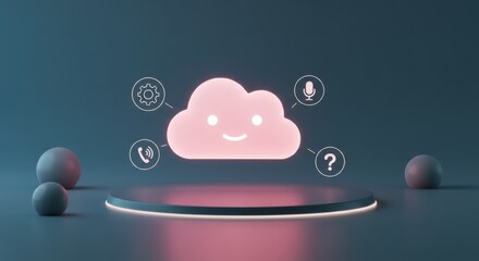 Cute cloud with setting, phone, microphone, and question icons on stand, digital illustration
