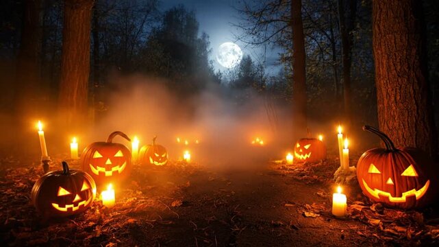 Pumpkins with candles in a spooky forest path under moonlight