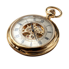 Elegant Golden Pocket Watch Isolated on a White Background Showcasing Intricate Details and Craftsmanship