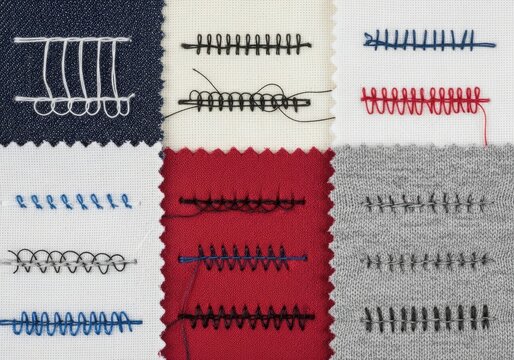 Various sewing stitches on different colored fabrics