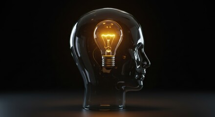 Glowing Light Bulb inside Transparent Human Head Concept of Idea, Innovation, Creativity, and Thinking Process