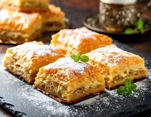 Sweet pastries, flaky and dusted