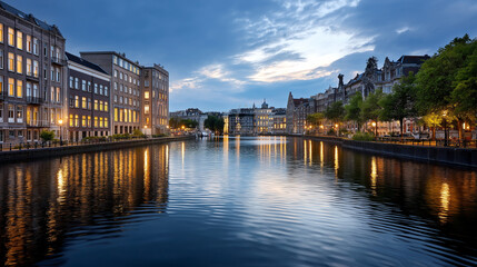 Fototapeta premium Twilight Cityscape with Canal Reflections and Gentle Lighting
