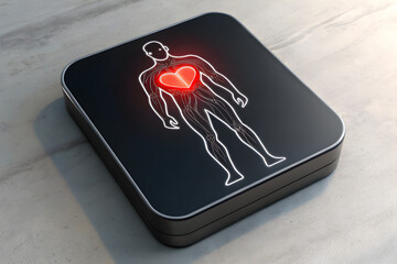 Minimal 3D Chest Icon with Male Body Outline and Red Glowing Heart – Modern Medical App Design